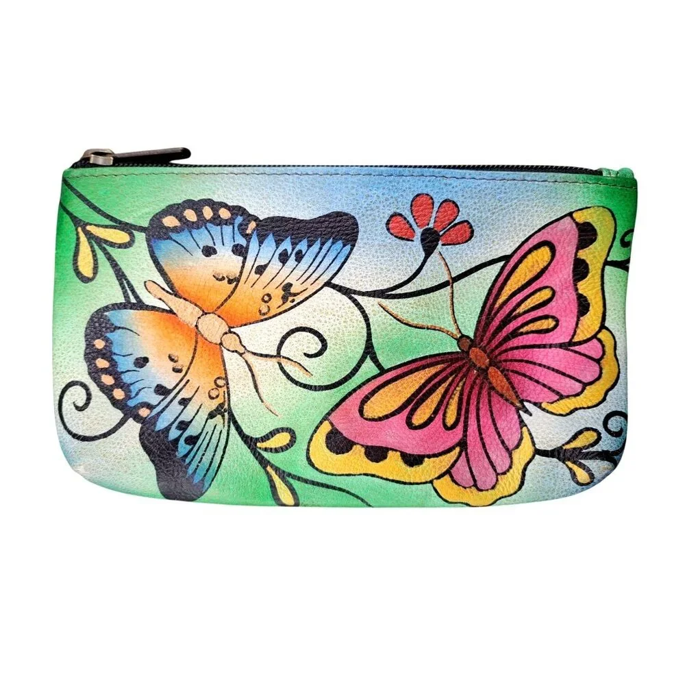 Anuschka Butterfly Cosmetic Bag Hand-Painted Leather Zipper Coin Purse Wallet